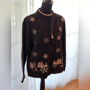 NWT Timberlea BLACK & Silver Zip Up Fleece Christmas Holiday Sweater ❄ MED